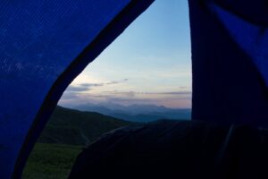 Watching the sunrise through our tent
